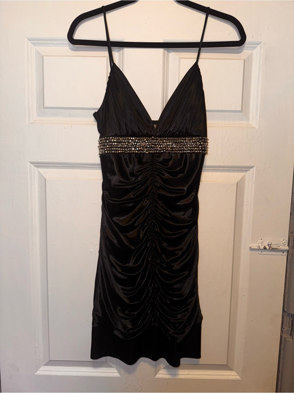 City Triangles Y2K Black Spaghetti-Strap Beaded Ruched Mini Dress